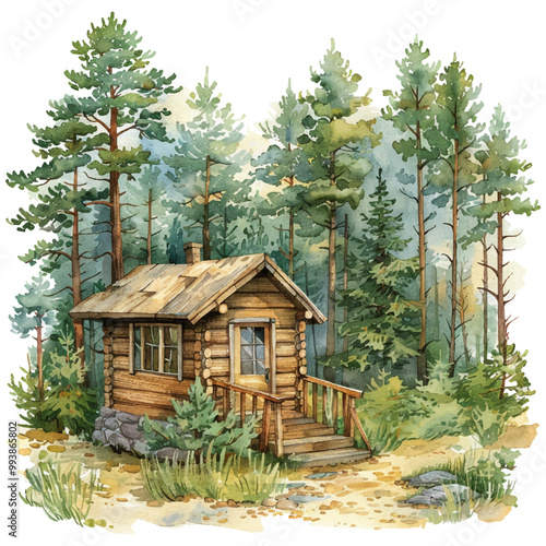 wooden house in the forest lanscape view vector illustration in watercolor style