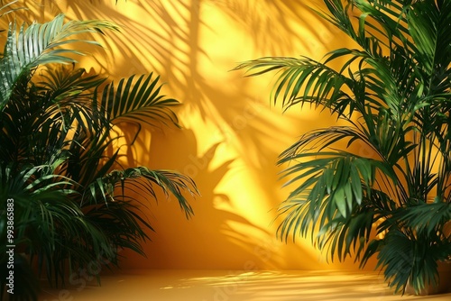 Palm Leaves Casting Shadows on a Yellow Wall