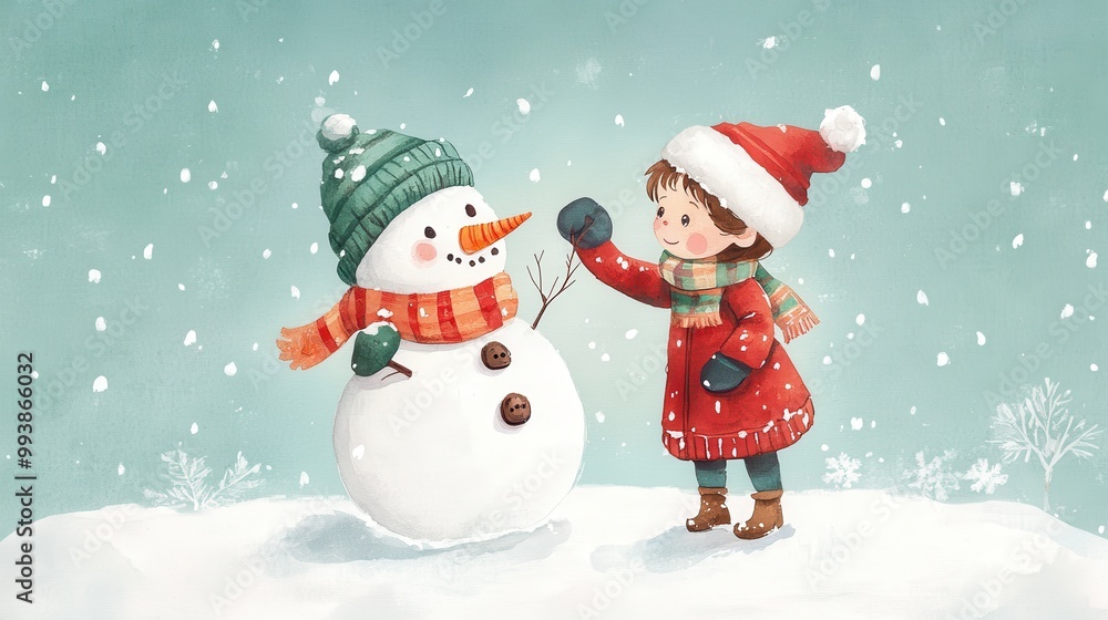 Joyful Winter Scene with Children and Snowman Joyful Winter Scene with Children and Snowman