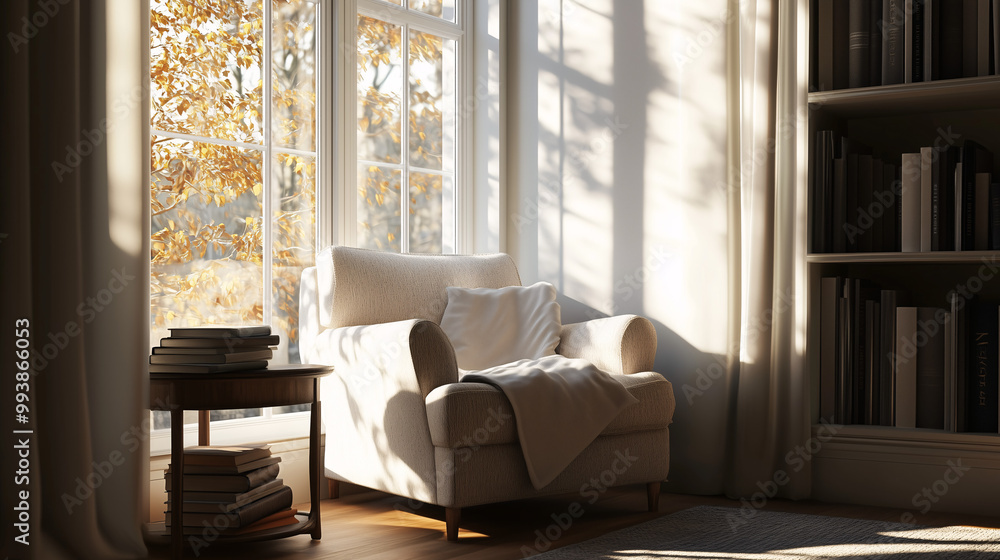 Fototapeta premium Cozy reading nook with a single armchair by a large window, natural light streaming in, and a small stack of books on the side table. Neutral tones and soft lighting