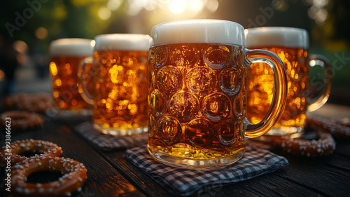 Group of friends toasting with beer mugs in outdoor beer garden