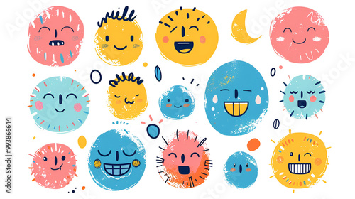 Round abstract comic Faces with various Emotions