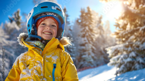 Young smiling child skier in bright yellow jacket enjoying a sunny winter day on the slopes. Concept of winter sports, children's outdoor activities, and family vacation. Copy space