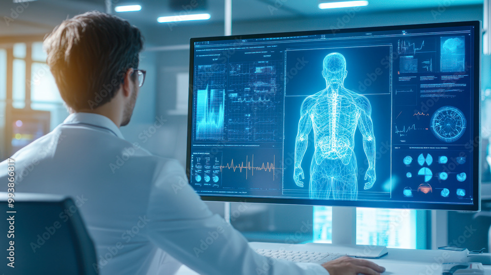 Doctor analysis the test result from MRI Scanner on computer. Medical report about health of patient on screen, data of analysis. Telemedicine. Computer scan of man. Full body check up. clinic Doctor analysis the test result from MRI Scanner on computer. Medical report about health of patient on screen, data of analysis. Telemedicine. Computer scan of man. Full body check up. clinic