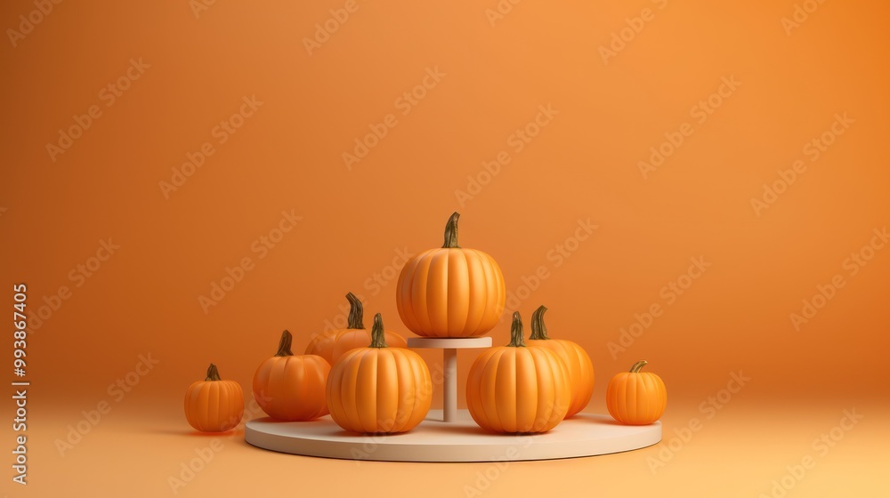 Pumpkins on a Stand Against an Orange Background Pumpkins on a Stand Against an Orange Background