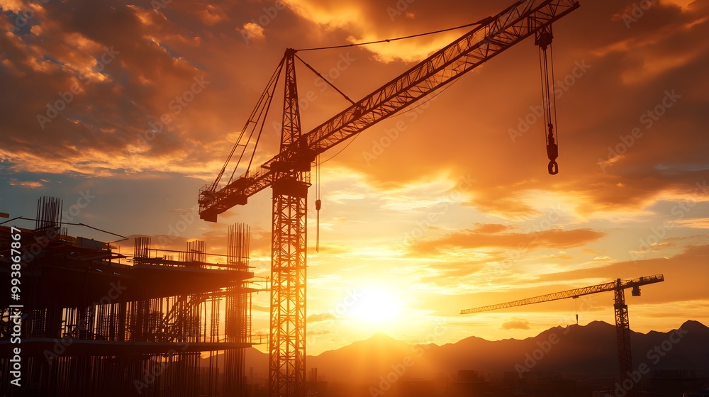 Large infrastructure project with cranes and scaffolding building a bridge, expansive construction site under warm evening light Large infrastructure project with cranes and scaffolding building a bridge, expansive construction site under warm evening light