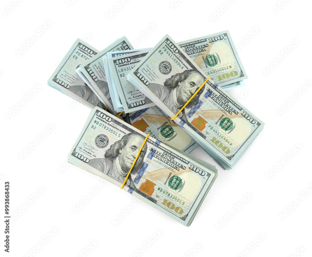 Pile of dollar banknotes isolated on white, top view Pile of dollar banknotes isolated on white, top view