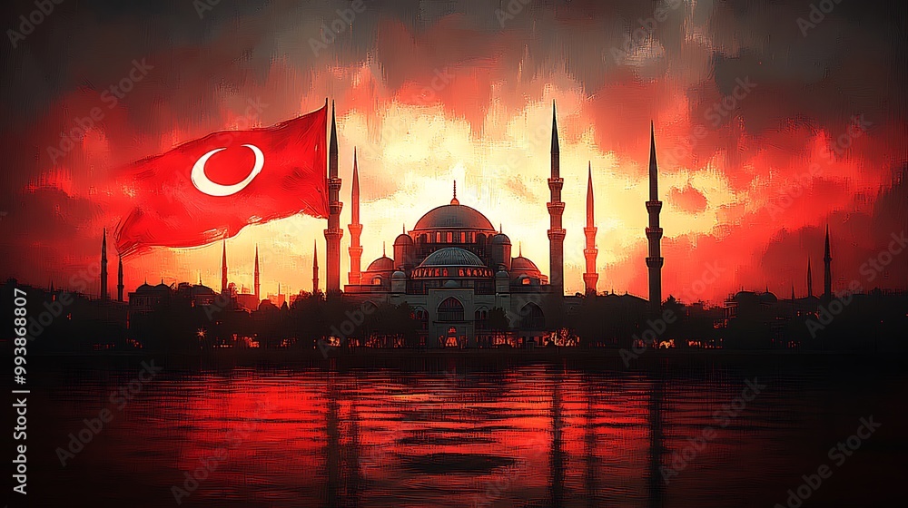 Fototapeta premium The silhouette of the Blue Mosque glowing against a twilight sky, with the Turkish flag’s red and white tones softly flowing in the background.
