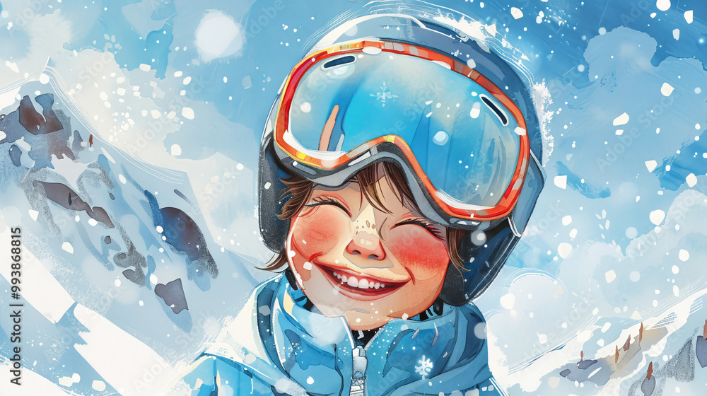 Happy child with rosy cheeks in colorful winter gear smiling on a snowy mountain, enjoying a fun ski day. Concept of winter sports, childhood joy, and outdoor adventure. Copy space. Digital art Happy child with rosy cheeks in colorful winter gear smiling on a snowy mountain, enjoying a fun ski day. Concept of winter sports, childhood joy, and outdoor adventure. Copy space. Digital art