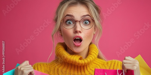 Closeup photo of funny girl amazed open mouth looking small prices in shopping center hold packages isolated on pink color background photo