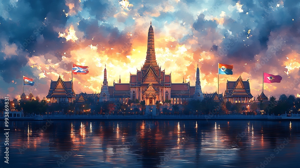 Obraz premium The silhouette of the Grand Palace against a soft watercolor sky where the Thai flag’s colors gently blend in the background. The warm glow of a sunset reflects on the palace’s intricate details,