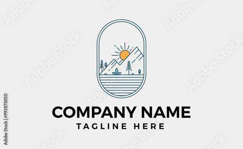 Modern mountain and Sun with Wave Logo Logo branding design, Vector art and illustration.