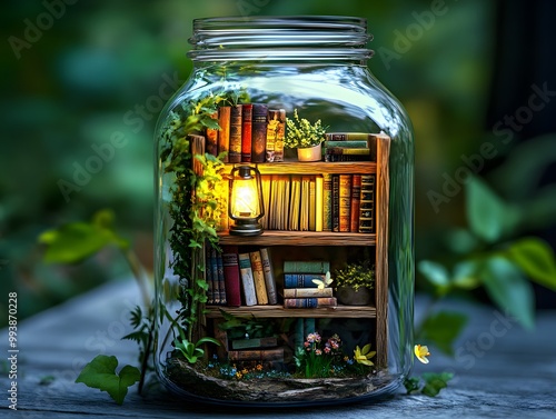 A miniature library scene inside a glass jar photo