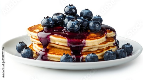 Delicious pancakes stacked high, topped with fresh blueberries and drizzled with blueberry syrup, perfect for breakfast. photo