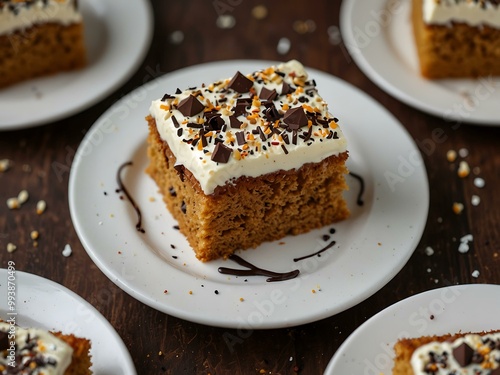 Honey cake with cream and chocolate sprinkles on a white plate.