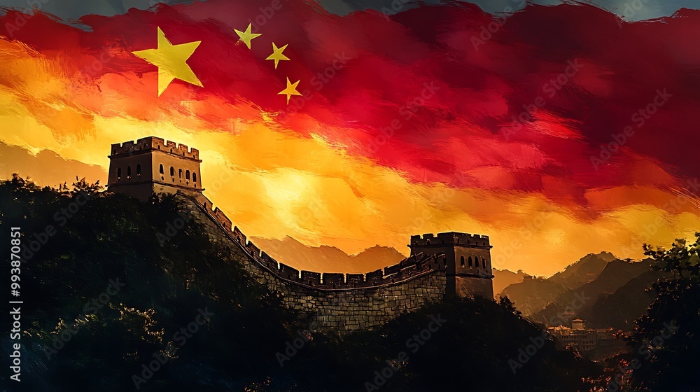 Obraz premium The silhouette of the Great Wall of China glowing against a twilight sky, with the Chinese flag’s red and yellow tones softly flowing in the background.