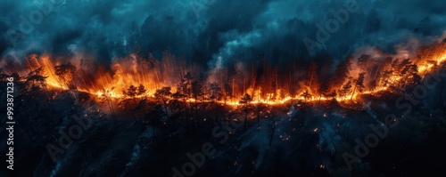 An intense wildfire engulfing a forest at night, with flames and smoke spreading through the trees. Free copy space for text.