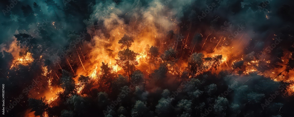 An intense wildfire engulfing a forest at night, with flames and smoke spreading through the trees. Free copy space for text. An intense wildfire engulfing a forest at night, with flames and smoke spreading through the trees. Free copy space for text.