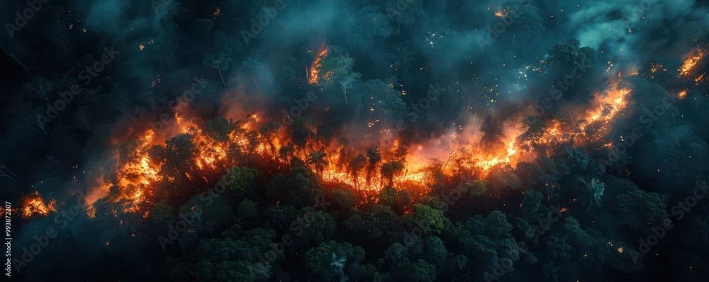 An intense wildfire engulfing a forest at night, with flames and smoke spreading through the trees. Free copy space for text. An intense wildfire engulfing a forest at night, with flames and smoke spreading through the trees. Free copy space for text.