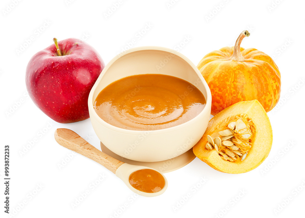 Delicious baby food in bowl with spoon and fresh ingredients isolated on white Delicious baby food in bowl with spoon and fresh ingredients isolated on white