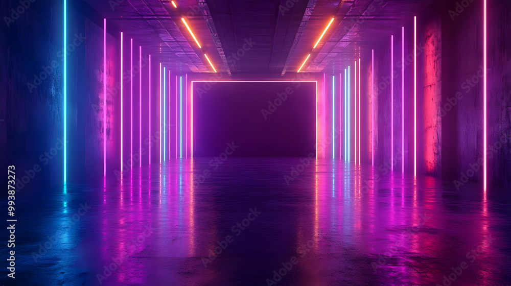 Neon Lights Background - Glowing Colorful Lines in a Dark Room Neon Lights Background - Glowing Colorful Lines in a Dark Room