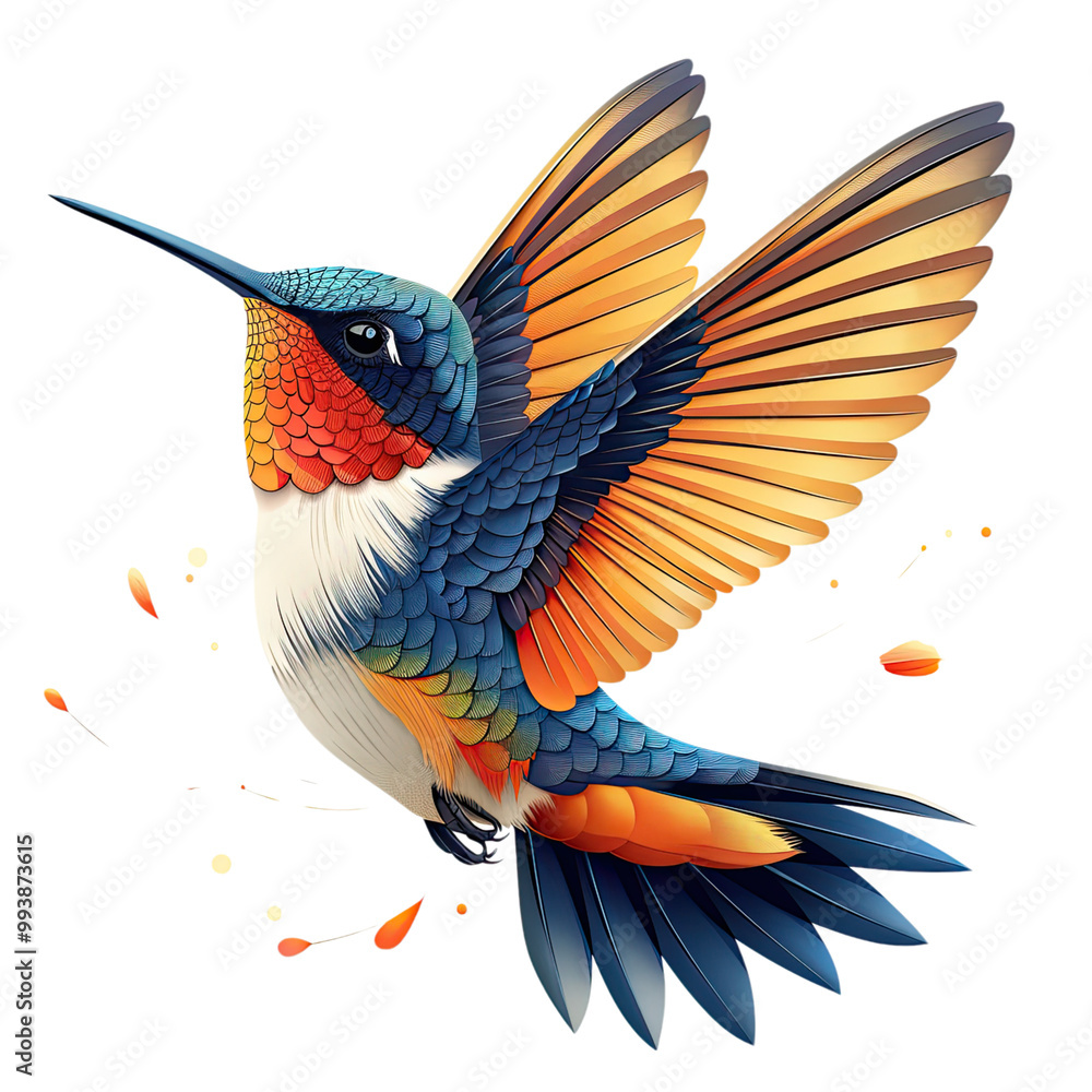 Obraz premium Minimal flat vector illustration of a hummingbird in flight, white background. 