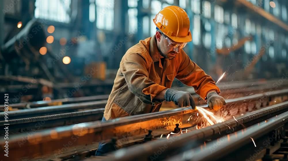 Industrial worker wearing safety gear operating welding machine in factory setting, sparks flying in background, 4k footage Industrial worker wearing safety gear operating welding machine in factory setting, sparks flying in background, 4k footage