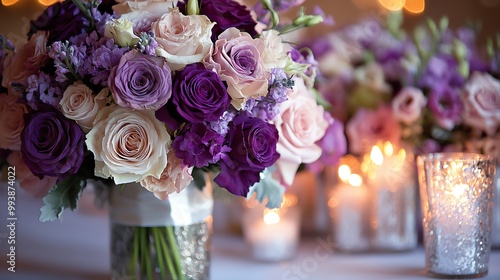 Elegant purple and pink rose bouquet with candles in the background. photo