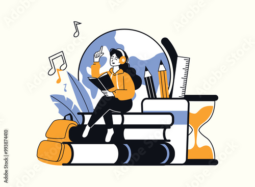 A young woman wearing headphones sits on a pile of books, reading and enjoying music. Surrounding her are educational tools like a globe, pencils, and a ruler, as well as a backpack and an hourglass. 