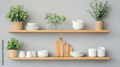 Stylish wooden shelves display an array of white dishes, glass jars, and vibrant green plants, creating fresh and inviting kitchen atmosphere