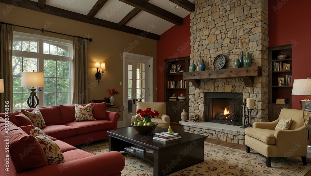 Inviting family room design with a bold red couch and stone fireplace. Inviting family room design with a bold red couch and stone fireplace.