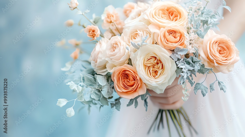 Close-up of a bride holding a beautiful bouquet of peach and white roses. Close-up of a bride holding a beautiful bouquet of peach and white roses.