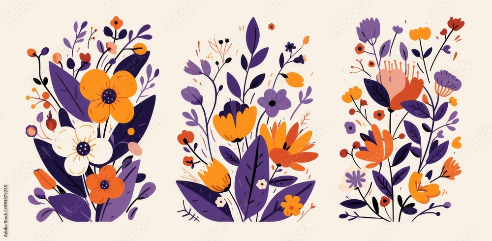 Three frame art featuring bold purple and orange designs Three frame art featuring bold purple and orange designs