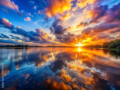 Breathtaking Sunrise Over Tranquil Waters with Vibrant Colors and Soft Clouds in the Sky