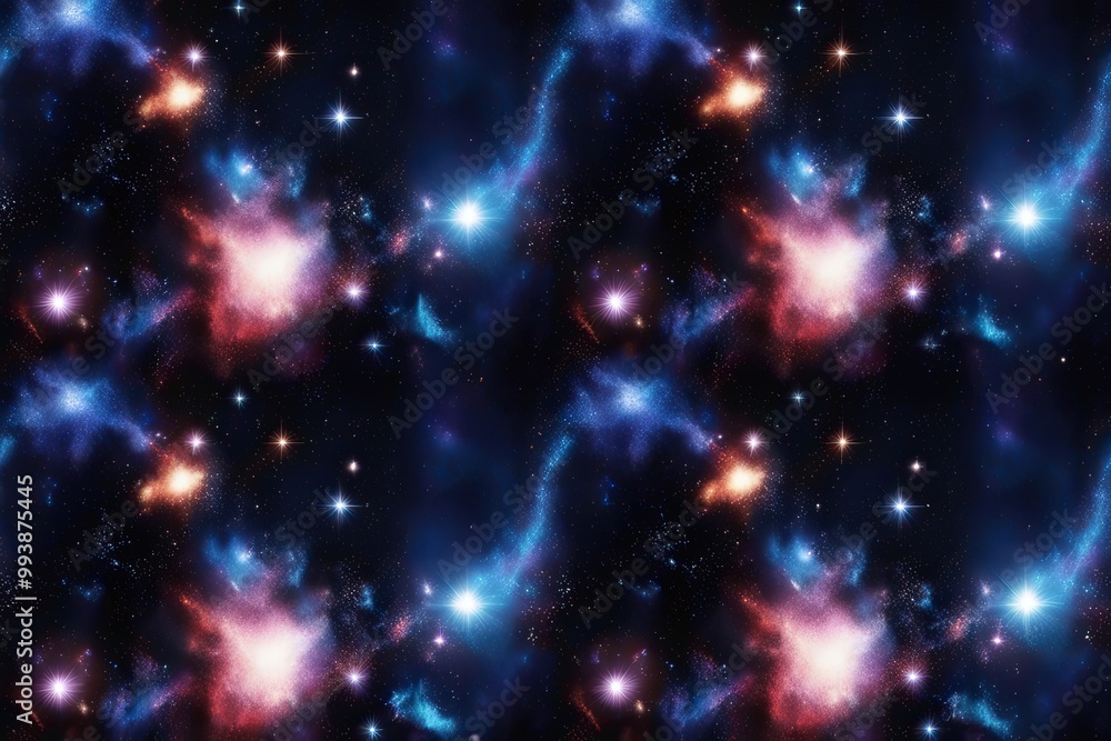 Seamless Celestial Design: Cosmic Repeat Backdrop with Stellar Clusters in Futuristic Style Seamless Celestial Design: Cosmic Repeat Backdrop with Stellar Clusters in Futuristic Style