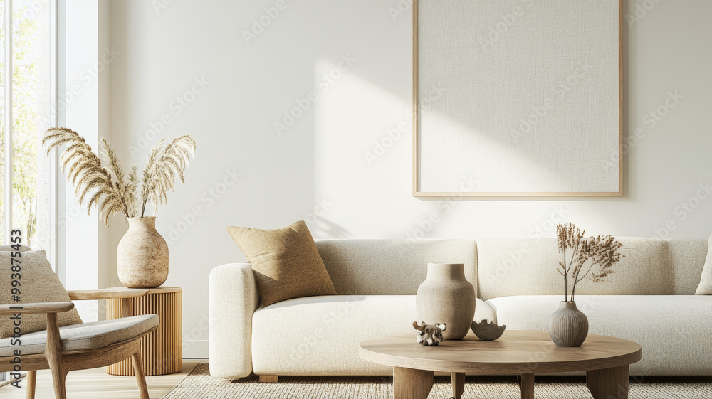 A cozy living room featuring light colored sofa, decorative vases, and wooden coffee table. natural light enhances serene atmosphere, perfect for relaxation A cozy living room featuring light colored sofa, decorative vases, and wooden coffee table. natural light enhances serene atmosphere, perfect for relaxation