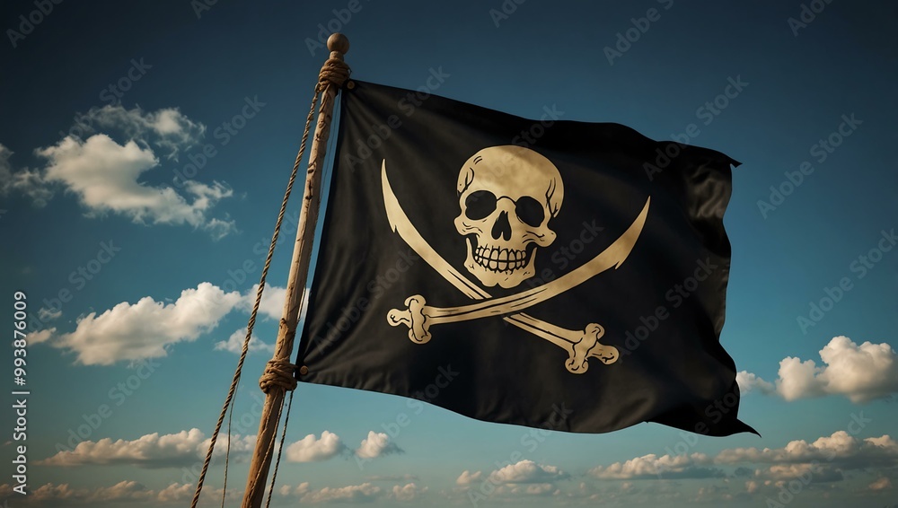 Naklejka premium Jolly Roger pirate flag flying from a ship's mast.