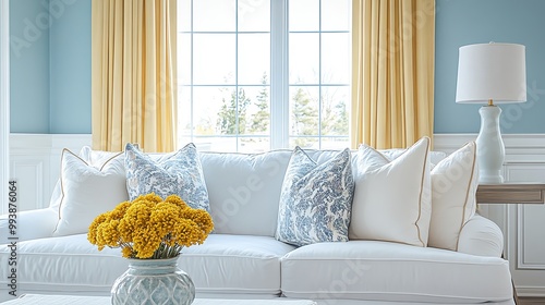 White sofa with yellow flowers in a living room with blue walls and yellow curtains