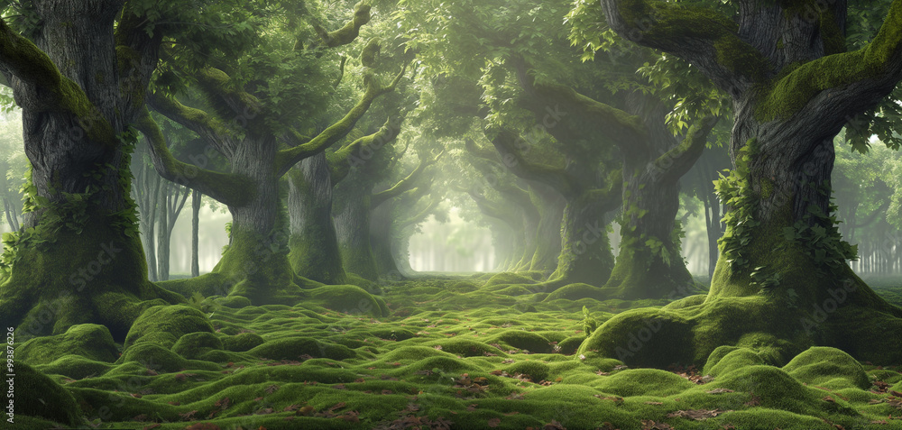 Fototapeta premium Ancient forest with giant trees and mossy with a carpet of ferns, mysterious and ancient nature landscape. 