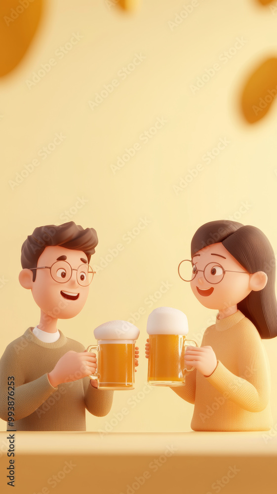 Cheers to friendship and good times! This illustration features two animated characters clinking their beer mugs together, celebrating joyful moment. warm colors and cheerful expressions create deligh