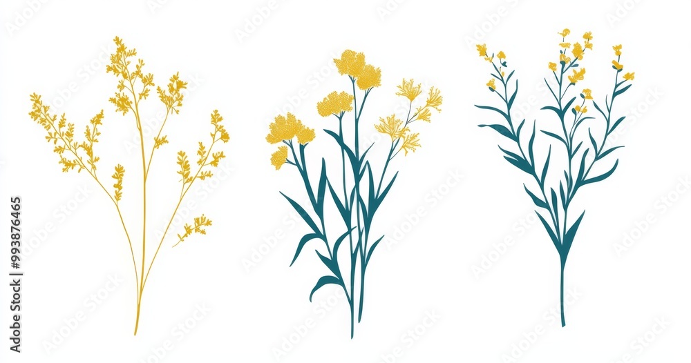 Fototapeta premium Three frame art featuring simple plants and flowers in yellow and teal on a white background
