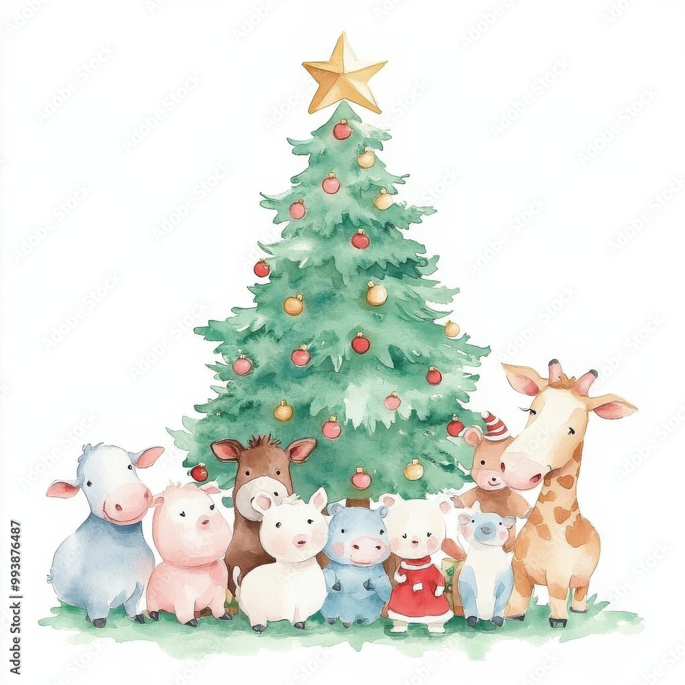 A group of farm animals around a Christmas tree A group of farm animals around a Christmas tree