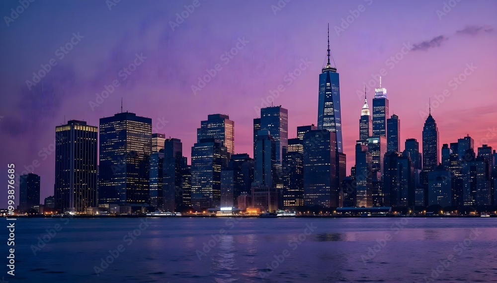 Fototapeta premium Mesmerizing NYC Skyline View: Purple Twilight Sky, Tall Skyscrapers, and City Light Reflection
