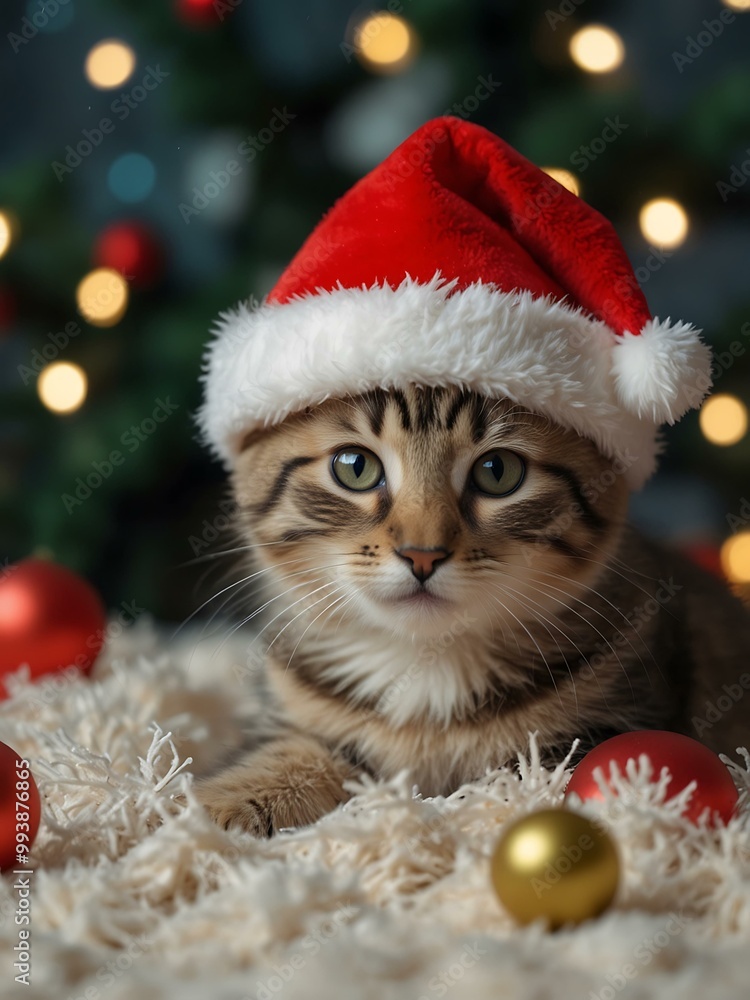 Kitten in a Santa hat on a festive scene. Kitten in a Santa hat on a festive scene.