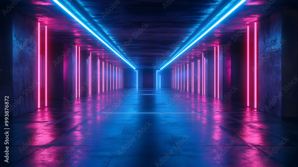Neon Lights in a Dark Corridor 3D Render Neon Lights in a Dark Corridor 3D Render