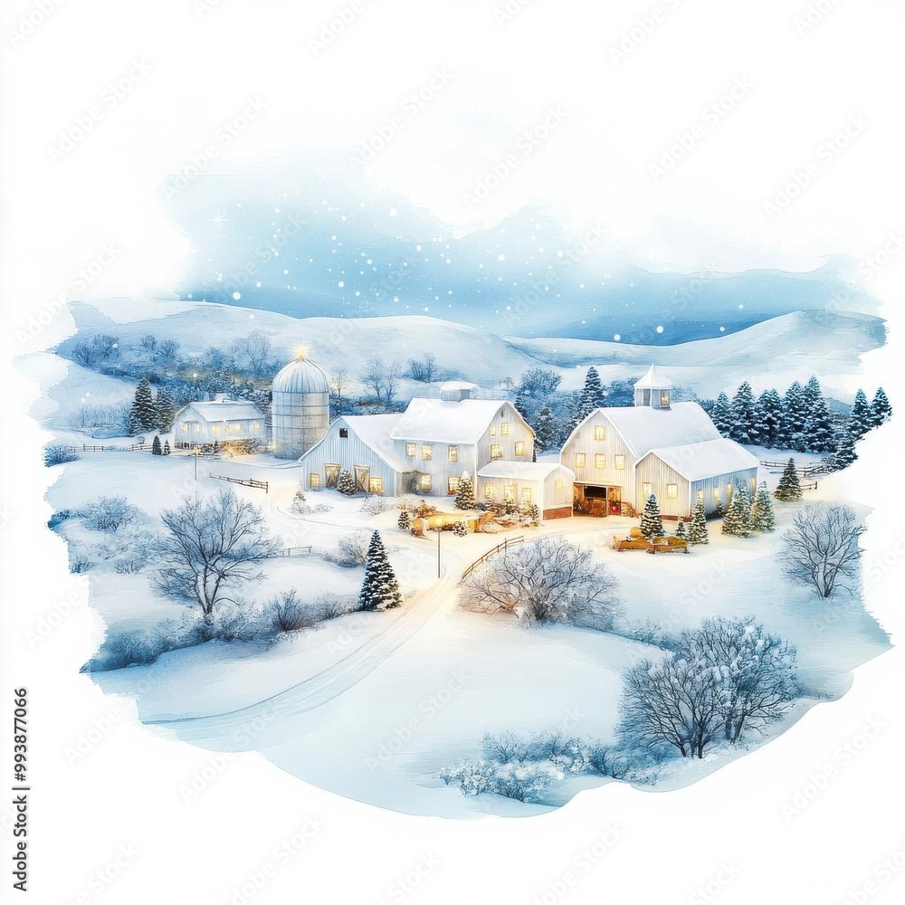 A snow-covered farm with twinkling lights A snow-covered farm with twinkling lights