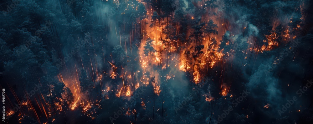An intense wildfire engulfing a forest at night, with flames and smoke spreading through the trees. Free copy space for text. An intense wildfire engulfing a forest at night, with flames and smoke spreading through the trees. Free copy space for text.