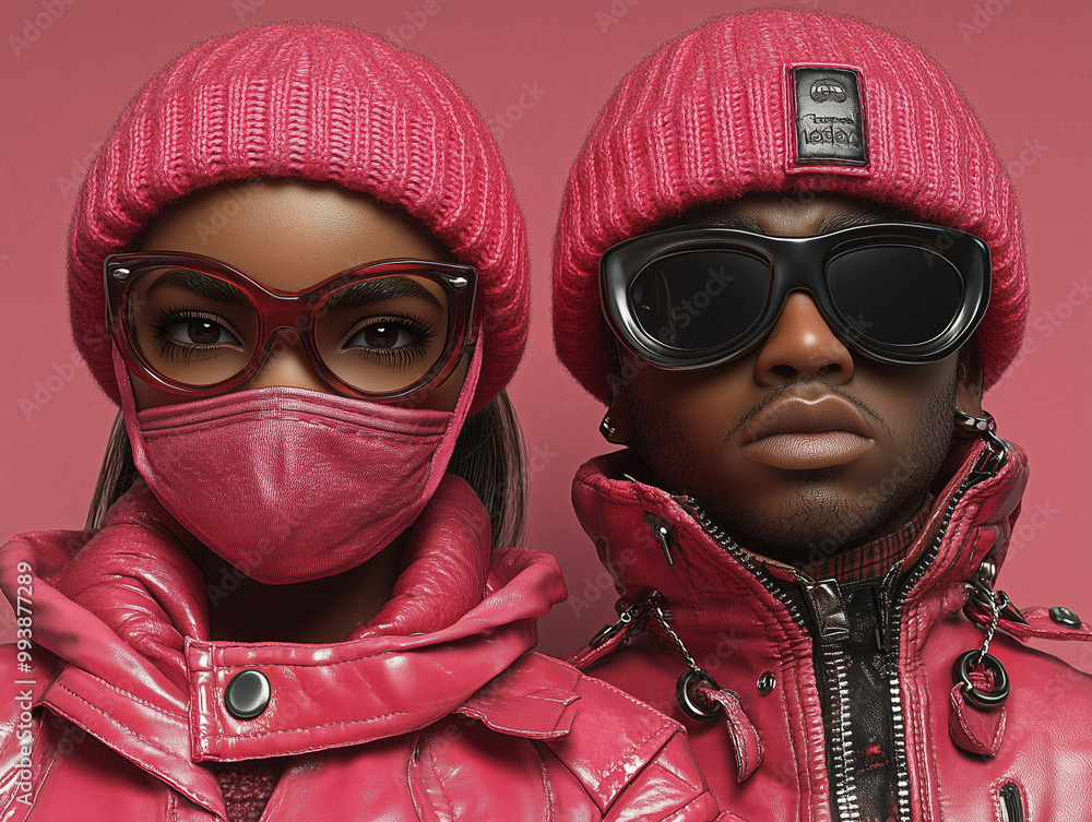 A highly stylized editorial portrait featuring two figures dressed in futuristic, high-fashion outfits in shades of vibrant red and pink. A highly stylized editorial portrait featuring two figures dressed in futuristic, high-fashion outfits in shades of vibrant red and pink.