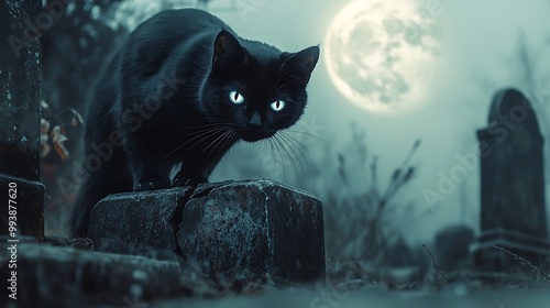 A black cat with glowing eyes stands on a cracked tombstone, the full moon casting an eerie glow through the foggy graveyard. The scene feels cursed and filled with supernatural tension. Cinematic,