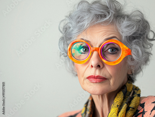 A lively, AI-generated portrait of an elderly woman holding large round glasses in front of her eyes. The woman’s expressive face and quirky gesture bring a sense of humor and warmth to the image. 